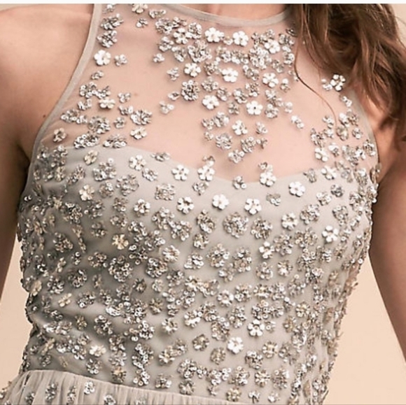 Anthropologie BHLDN GINNY SEQUIN FLOWER EMBELLISH TULLE MAXI DRESS GREY 10 - Picture 4 of 14